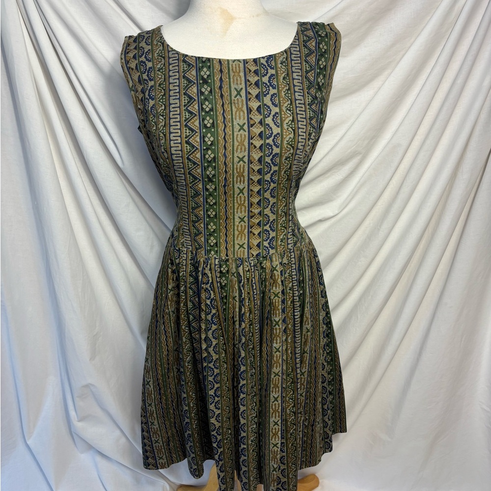 Vtg 60s Handmade Cotton Batik Fit N Flare Dress ~ M ~ Waist 30” ~